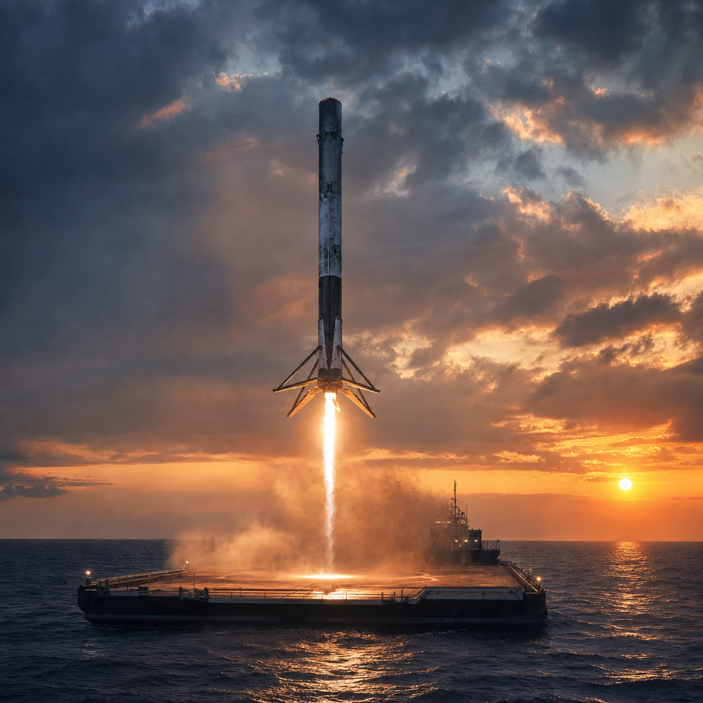 A reusable rocket booster descending toward an autonomous drone ship at sea, dramatic blue-orange sunset light