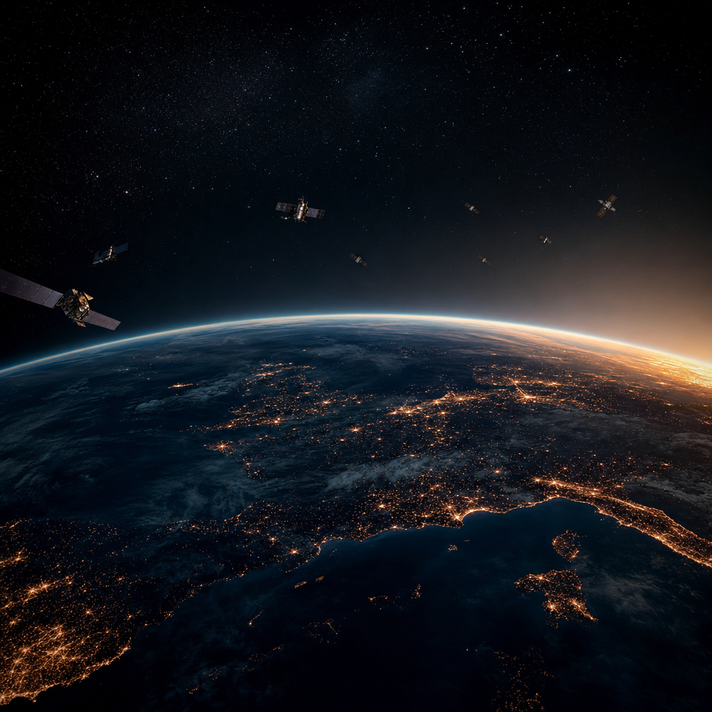 Earth seen from low orbit at night, with faint constellation of orbital satellites