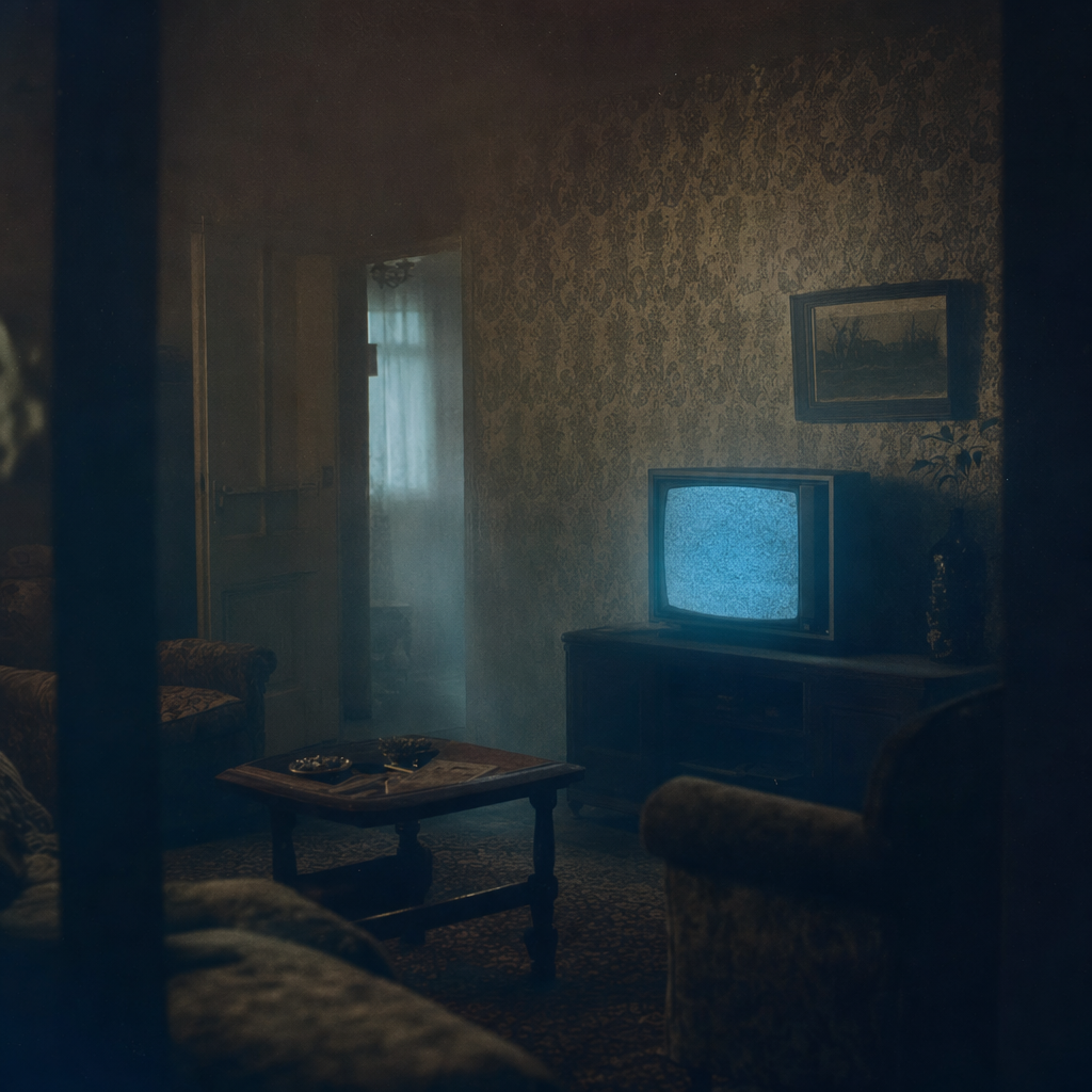 Empty haunted suburban living room at night with a single old CRT television glowing pale blue in the dark