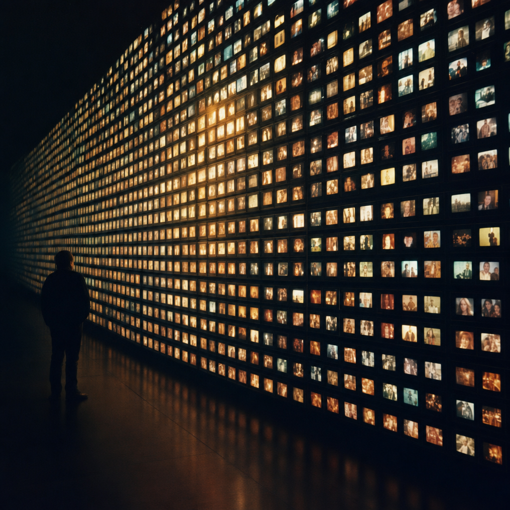 A vast wall of glowing television screens stretching into deep perspective