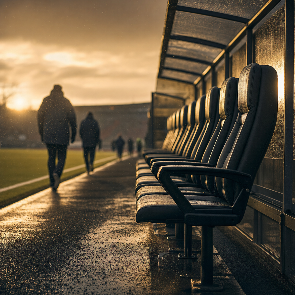 A receding line of empty manager's chairs on a stadium touchline with anonymous figures walking away