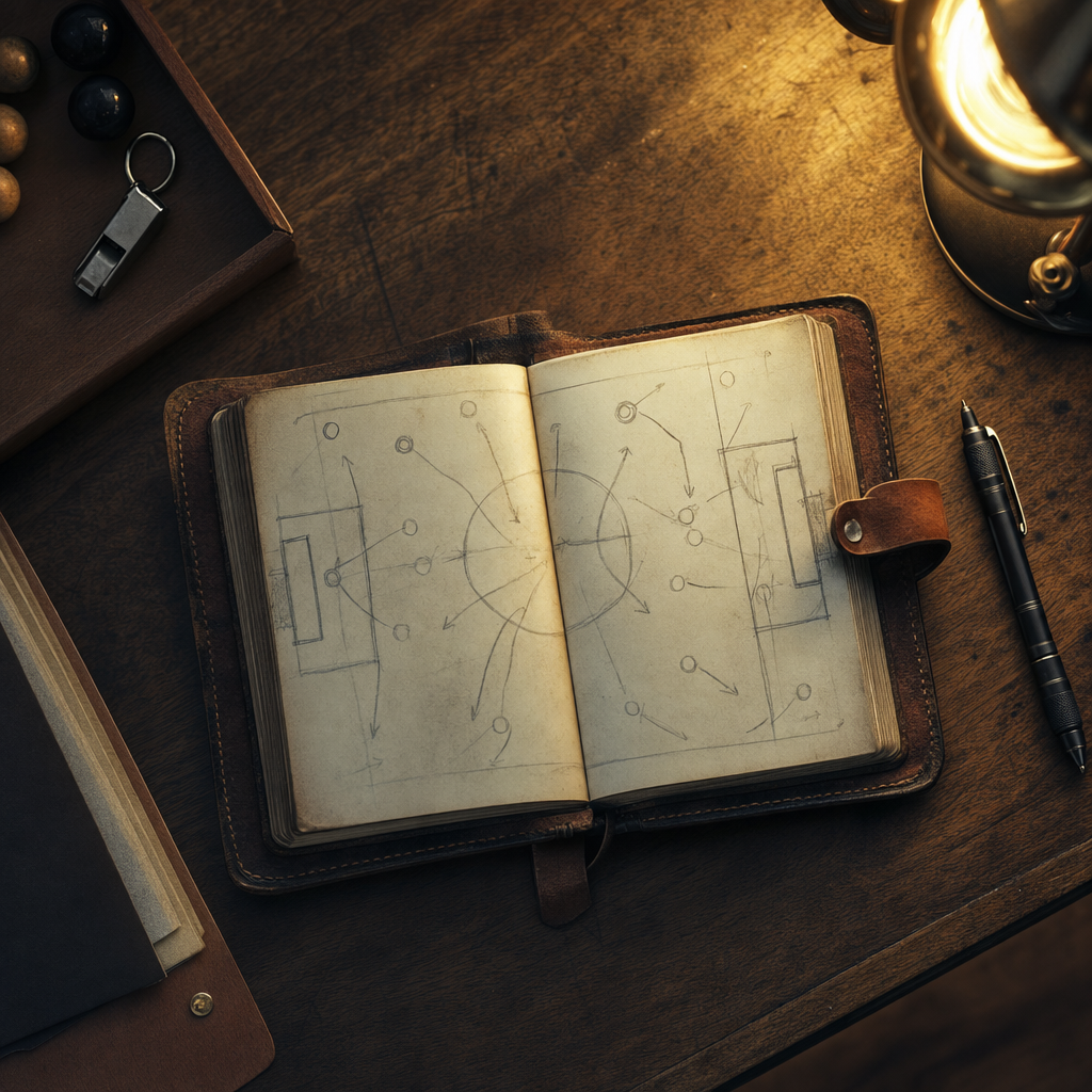 An open manager's tactics notebook with faint pencil arrows on a dark walnut table