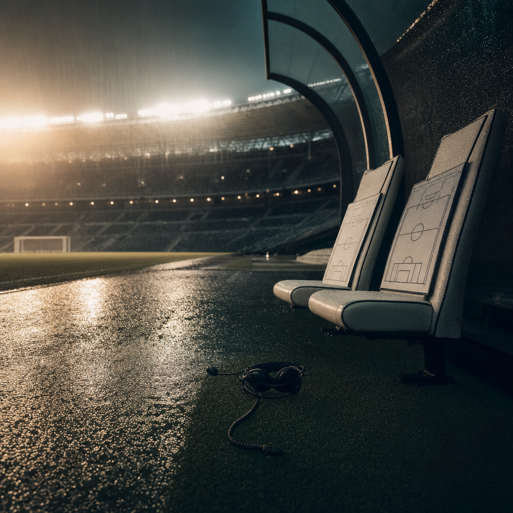 An empty manager's technical area on a stadium touchline at night