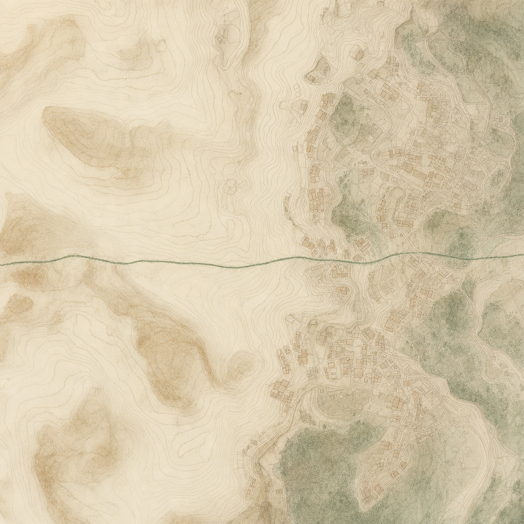 A pale green pencil line drawn across a textured paper map