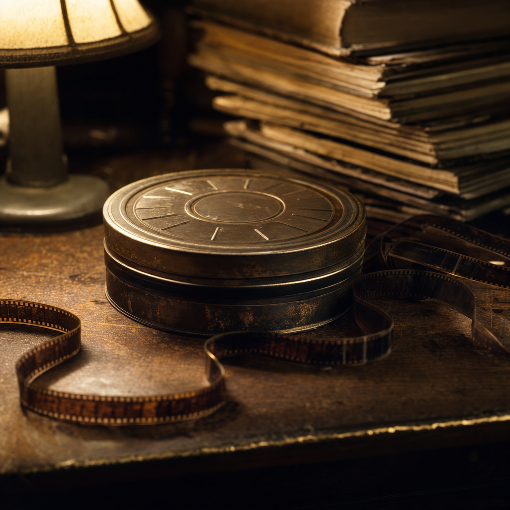 An antique film canister and ribbons of celluloid film on a worn wooden desk under lamplight