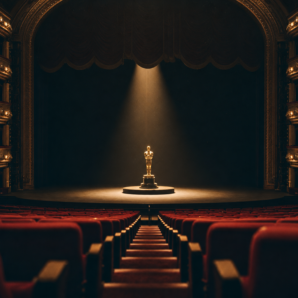 An empty cinema with a single spotlight on an Oscar-statue podium centre stage