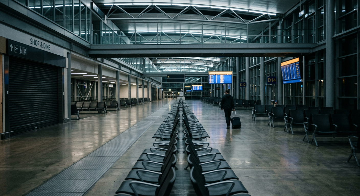 An empty international departures terminal in early March 2020.