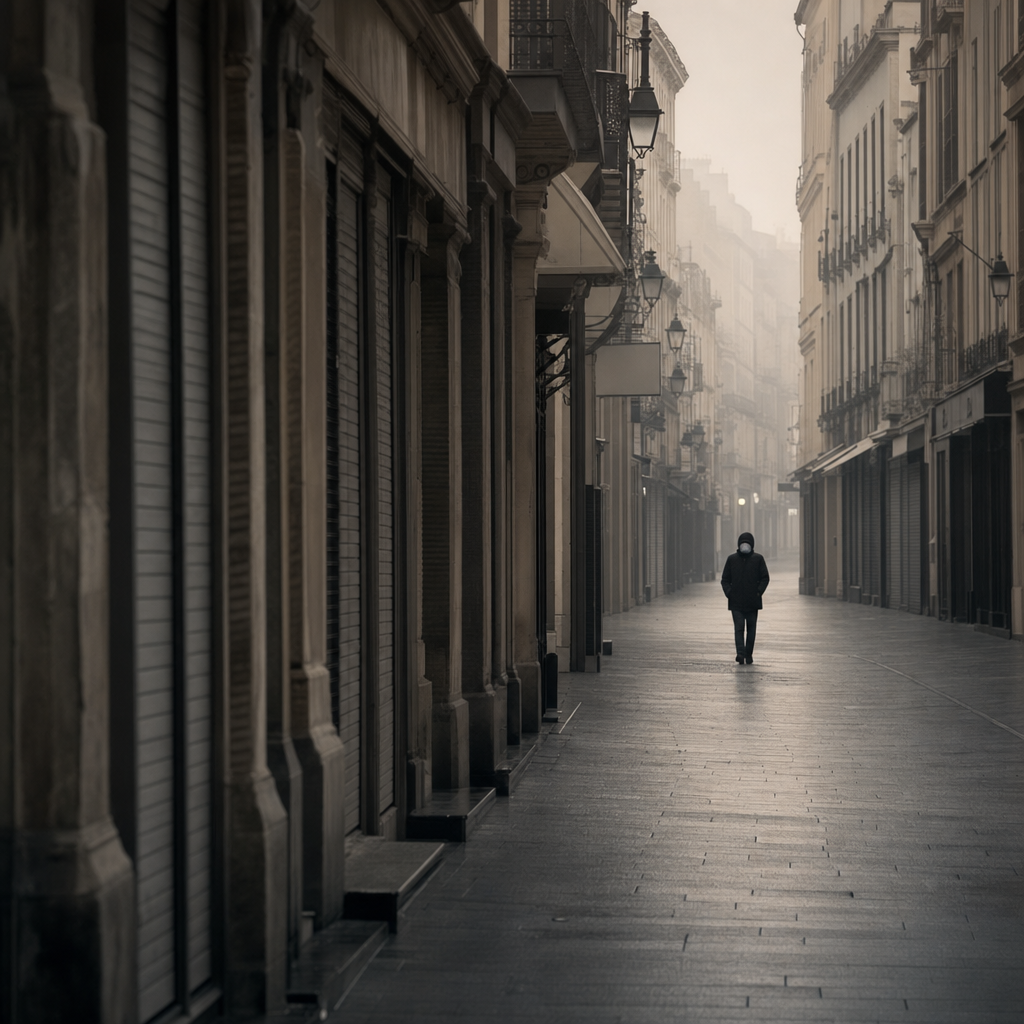 An empty city street in early March 2020 with closed shop shutters and a single masked pedestrian in the distance.