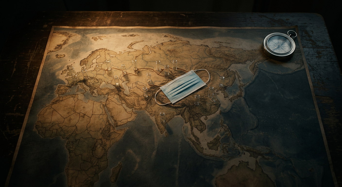 A world map laid flat on a dark wooden desk, lit by a single warm tungsten beam.