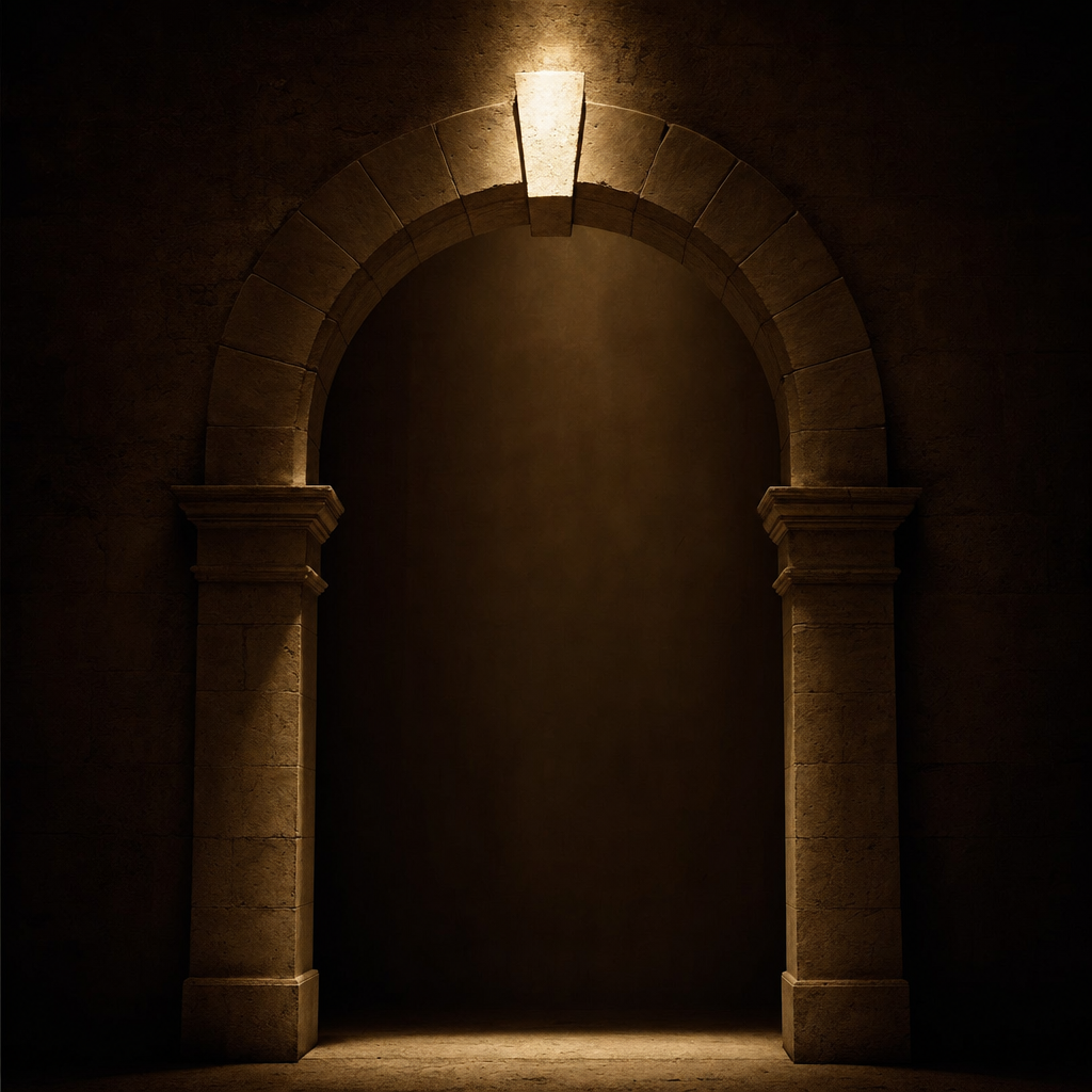 A stone archway with an illuminated keystone — visual metaphor for the structural support behind the climax