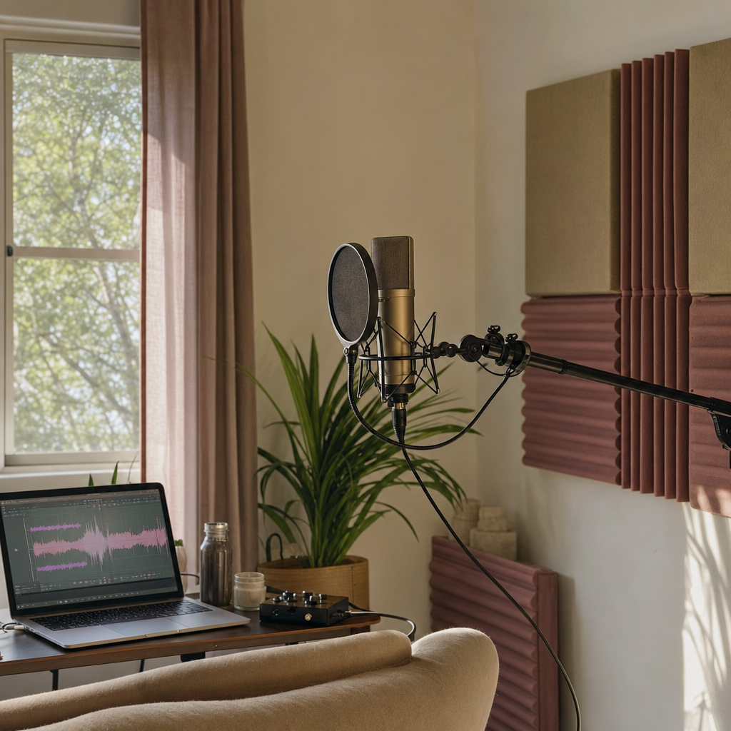 A contemporary home recording booth with acoustic foam panels in muted dusty pink and cream and a condenser microphone