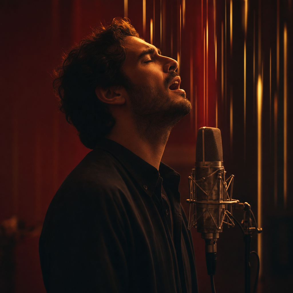 A male singer reaching upward toward a microphone, dissolving into vertical streaks of warm light