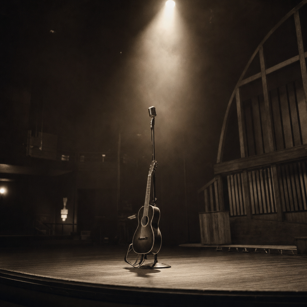 An empty Grand Ole Opry-style stage with a single guitar resting on a microphone stand under a single overhead spotlight