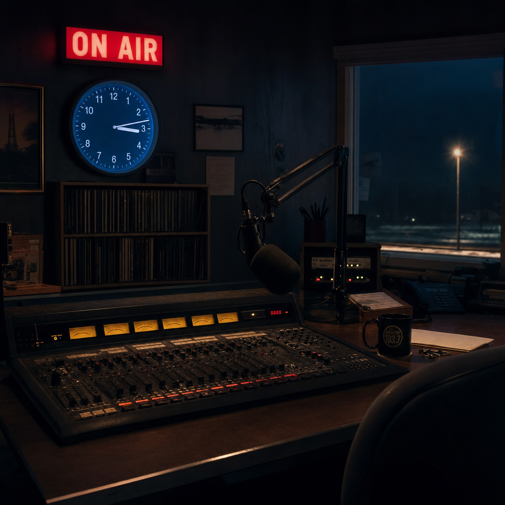An empty country radio studio at 3am, with a glowing red ON AIR sign and a blue clock at 3:14