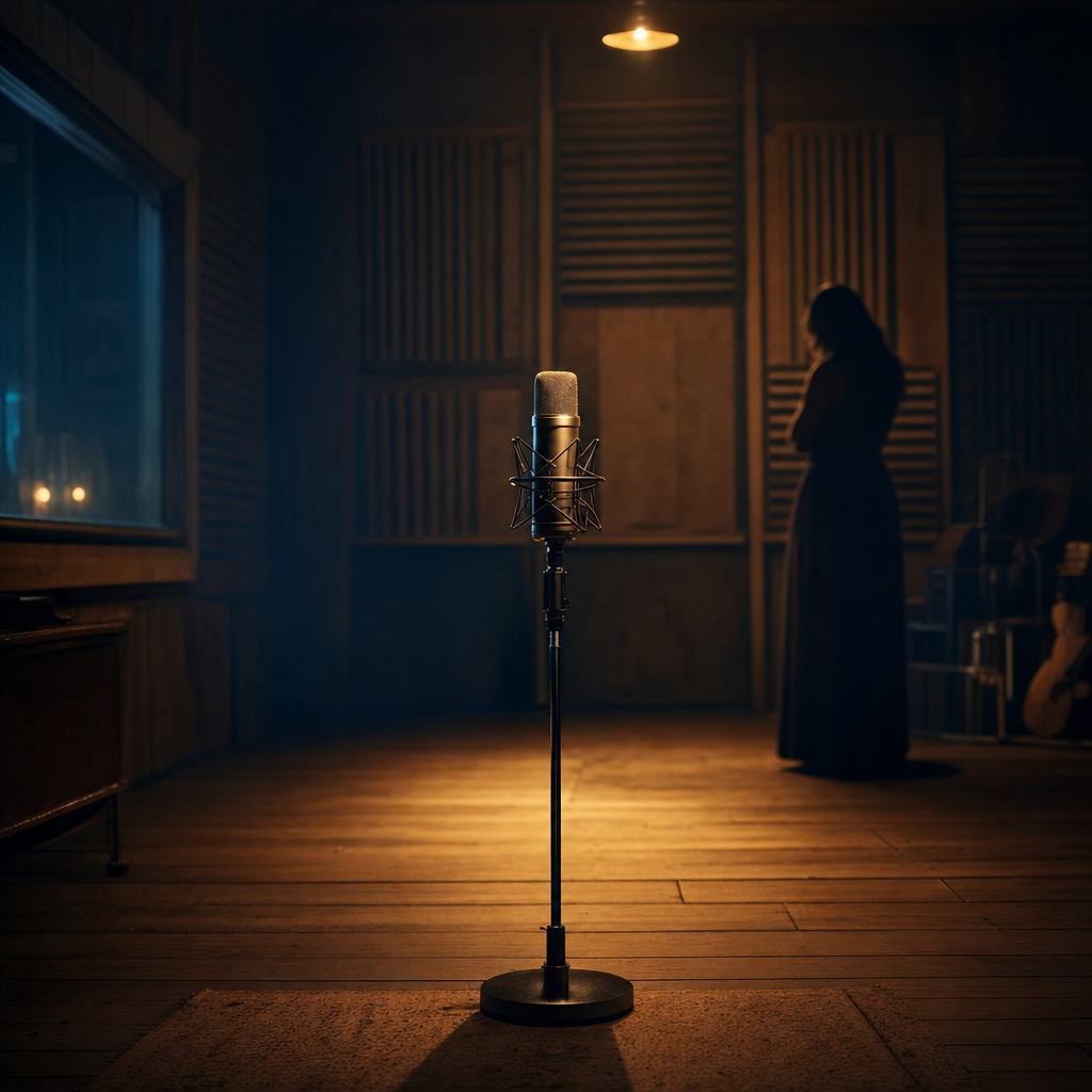 An empty country radio studio with a single microphone in a spotlight