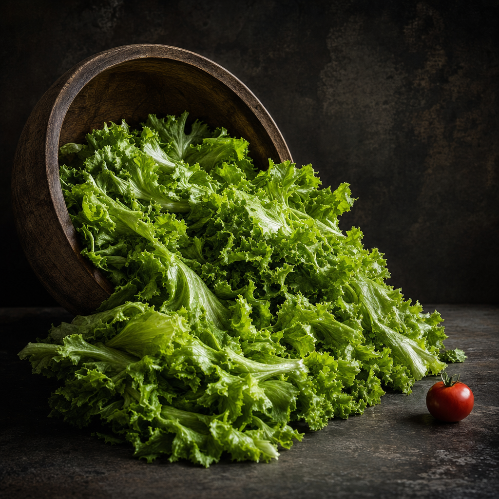 A tipped salad bowl spilling lettuce, with a single tomato isolated at the edge — a literal rendering of Keith Hill's metaphor