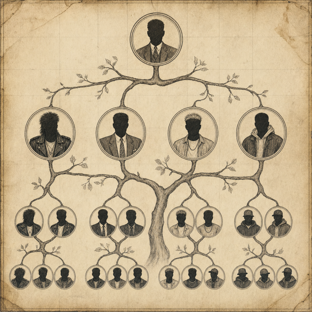 A sepia-toned family-tree illustration showing generic male silhouettes connected by branching lines — a visual metaphor for the seven boy band lineages.