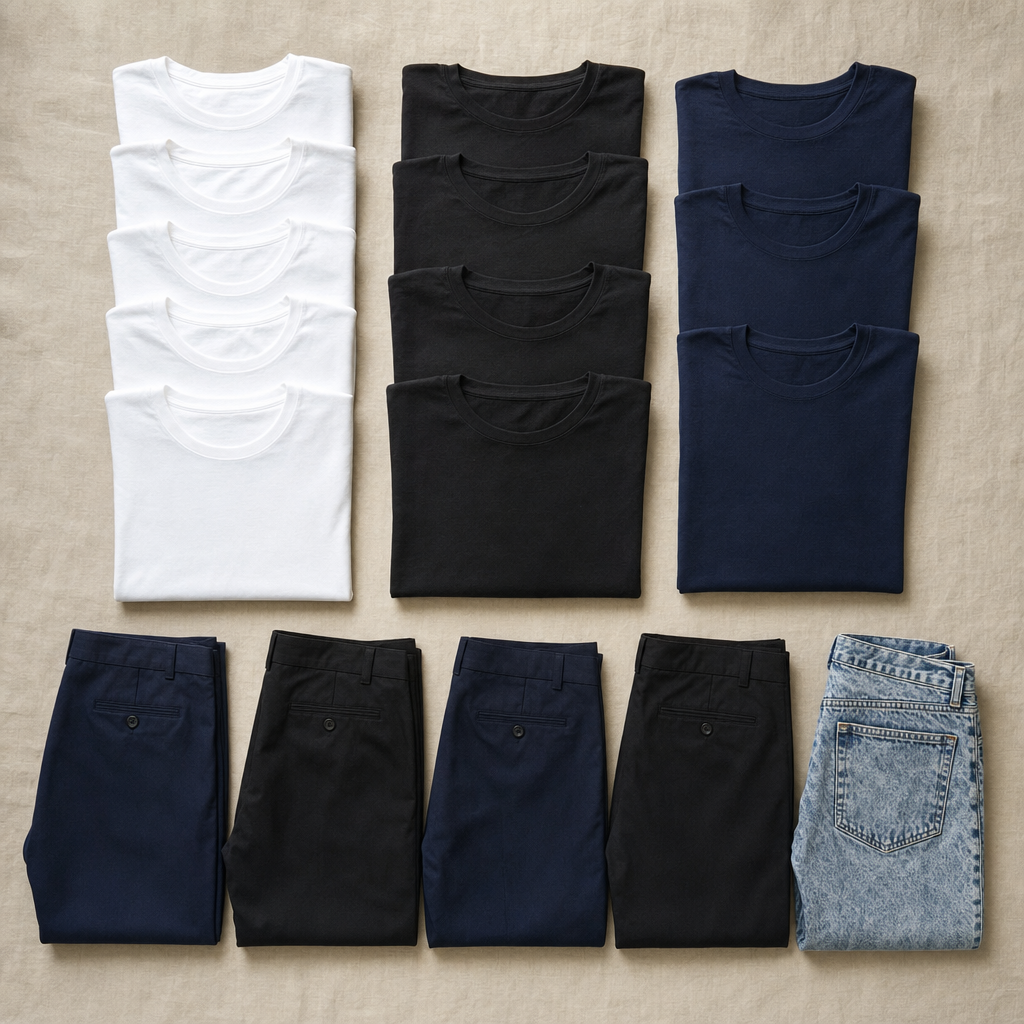 Overhead flat-lay showing stacks of folded white, black, and navy t-shirts, four pairs of folded black dress pants, and one pair of jeans on warm beige linen — a literal version of the boy-band uniform palette.