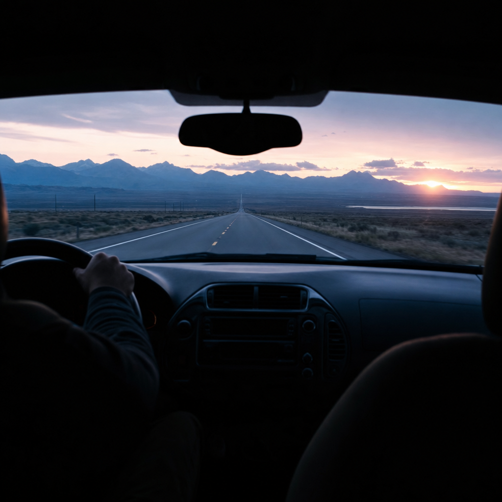 A long Mountain West highway at dusk, viewed through a car windshield.