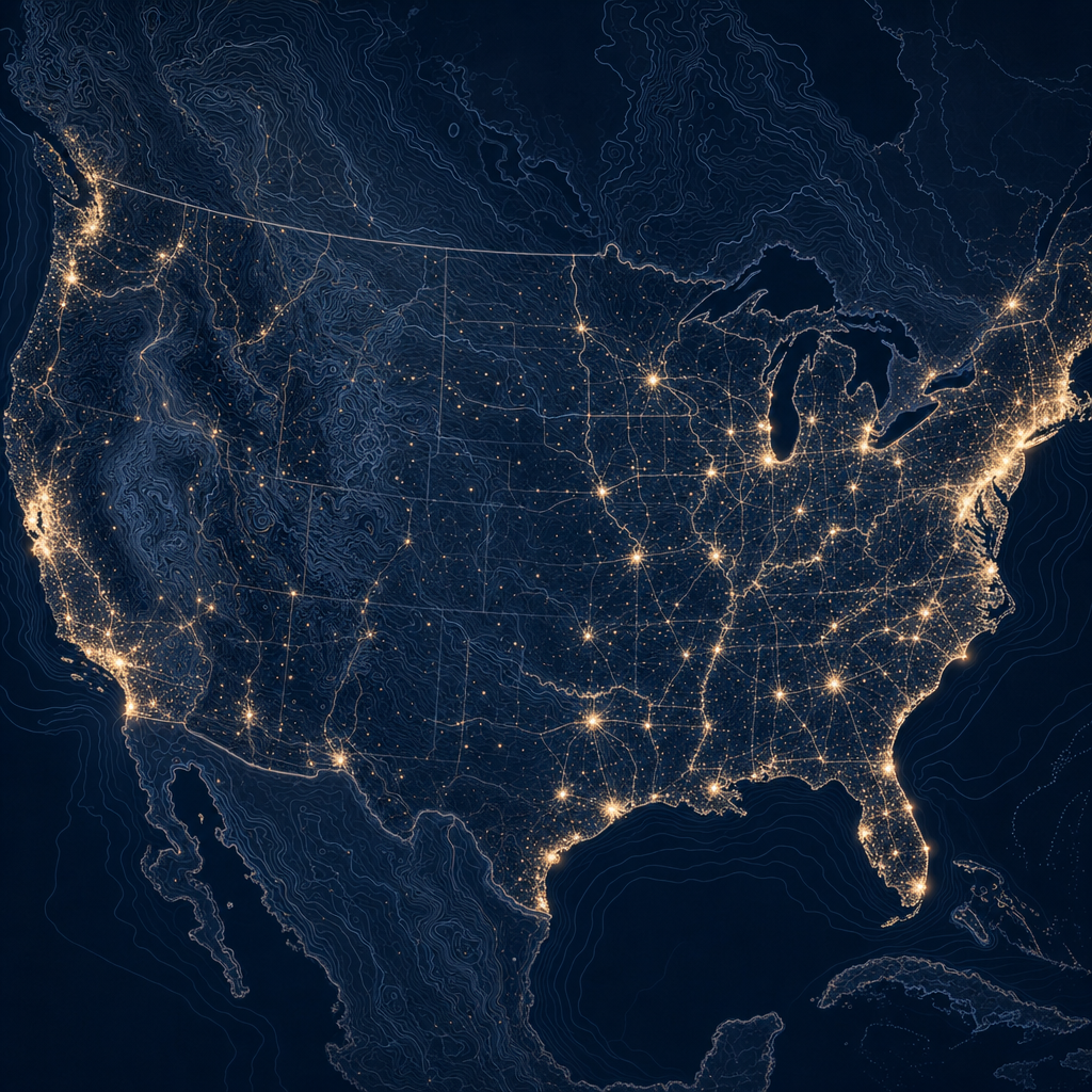 An abstract topographic motif of the contiguous United States in cool indigo and amber.