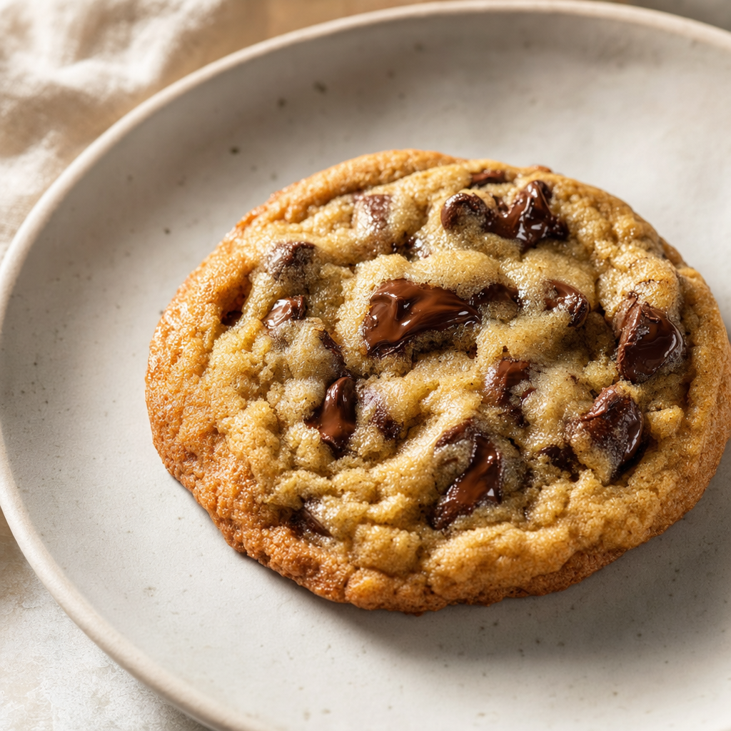 A classic golden chocolate chip cookie with melted chocolate