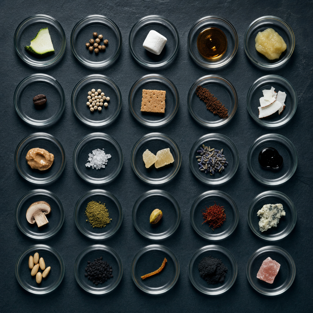 A scientific grid of 23 small dishes each containing one of the bizarre single-recipe ingredients
