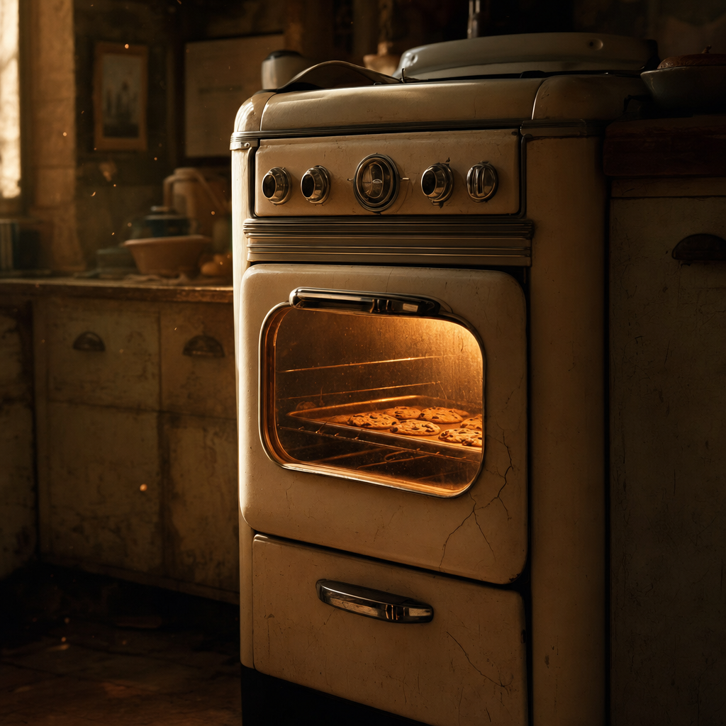 A vintage 1930s home oven with cookies inside, glowing amber
