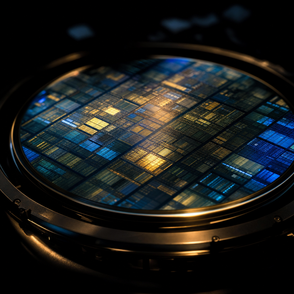 A silicon wafer reflecting blue and gold light