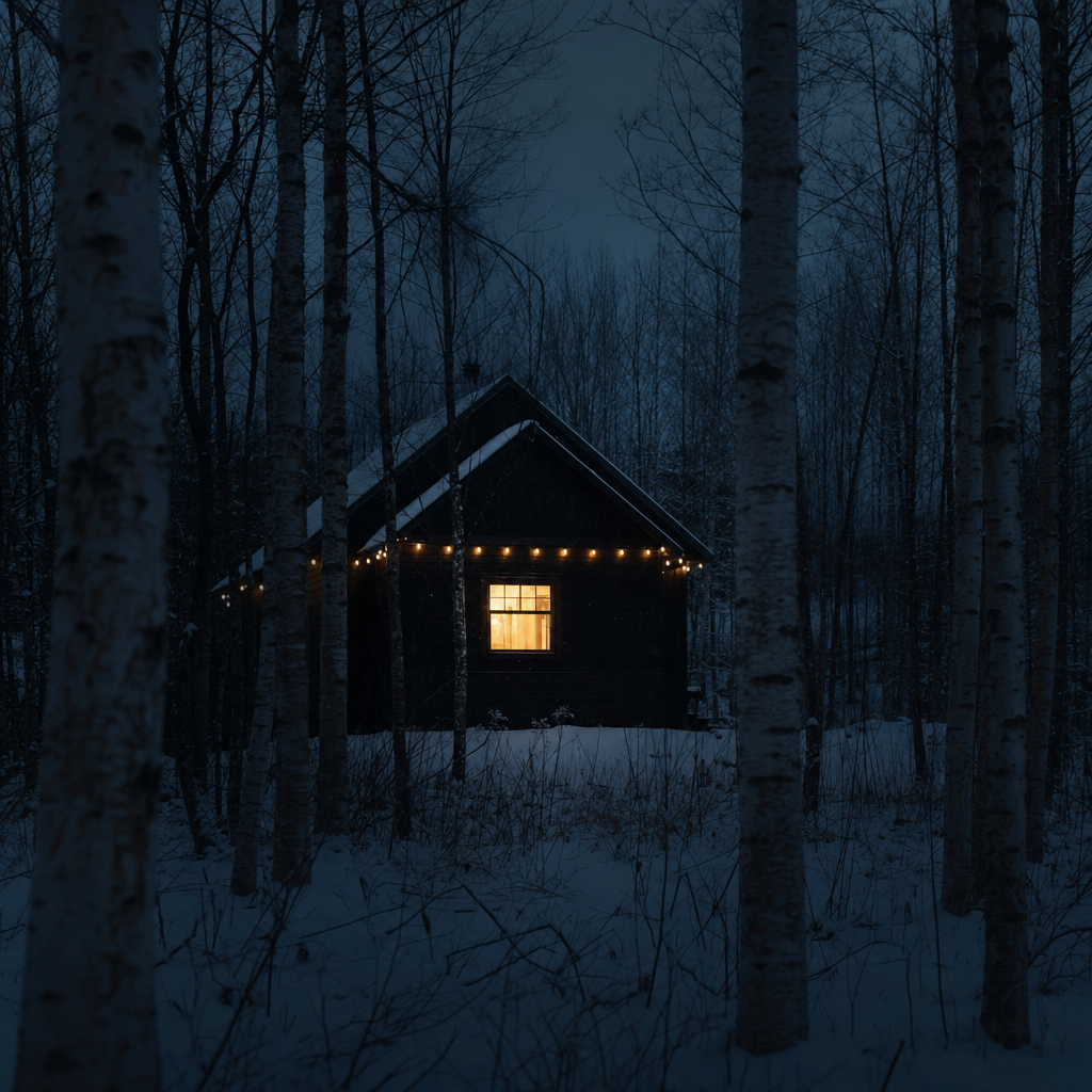 A solitary cabin window glowing pale gold in a snowy forest at dusk.