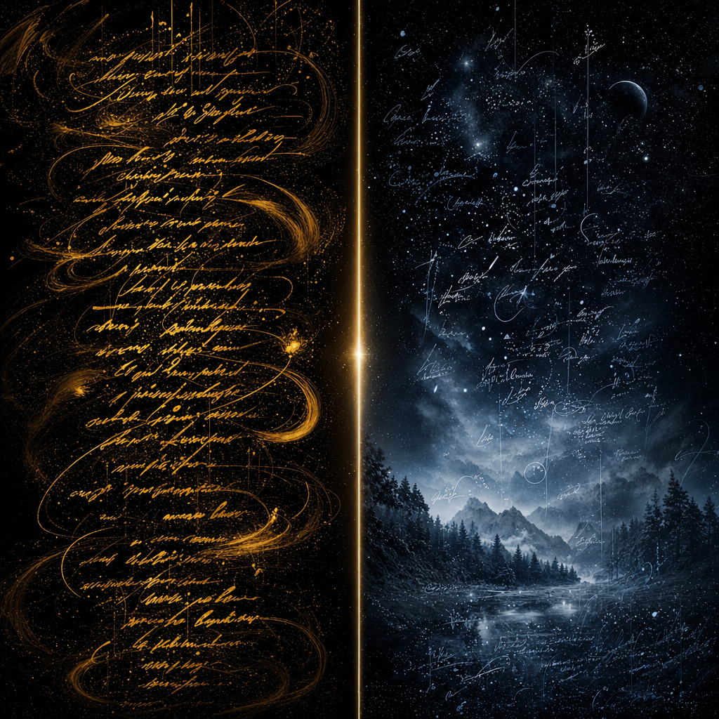 Two abstract typographic textures, one warm-gold and dense, one pale-blue and scattered, separated by a glowing seam.