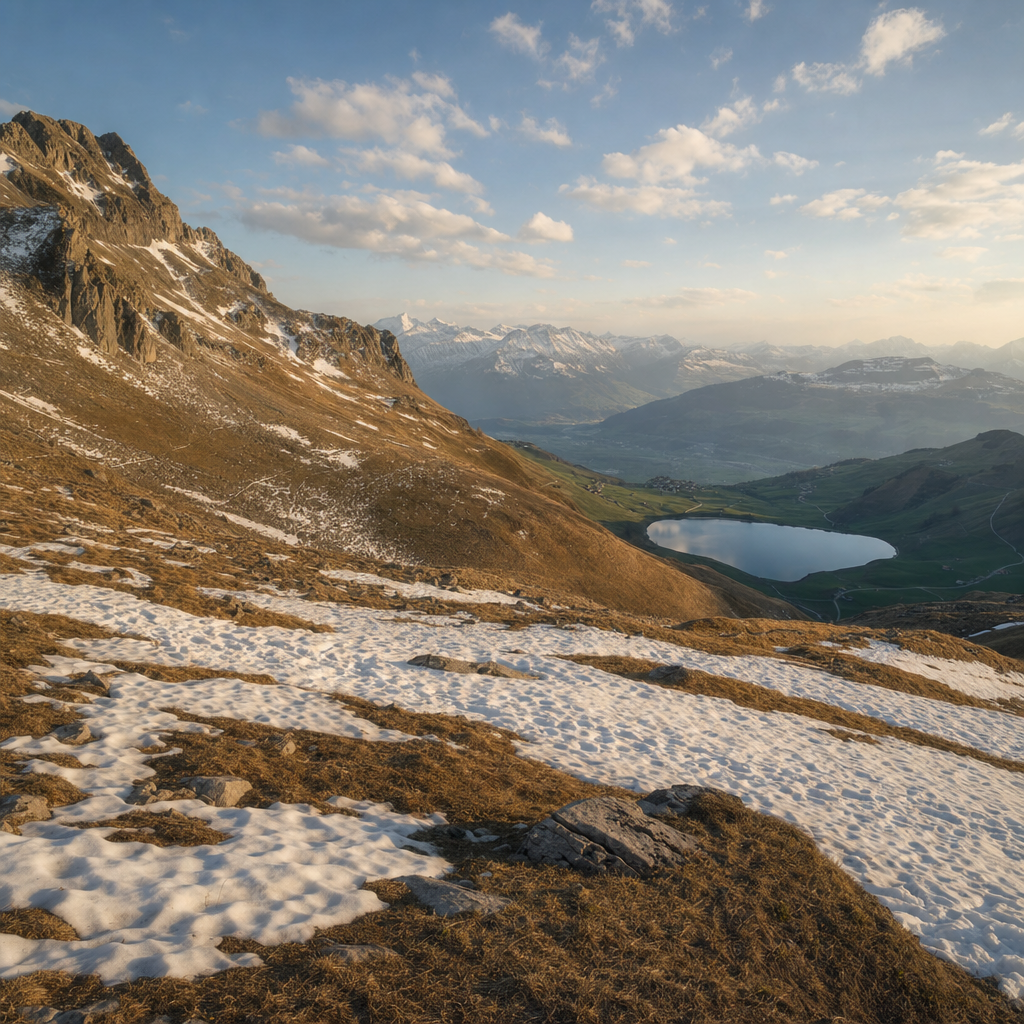Thin patchy snow on a Swiss alpine slope above a green valley with a small lake, late spring