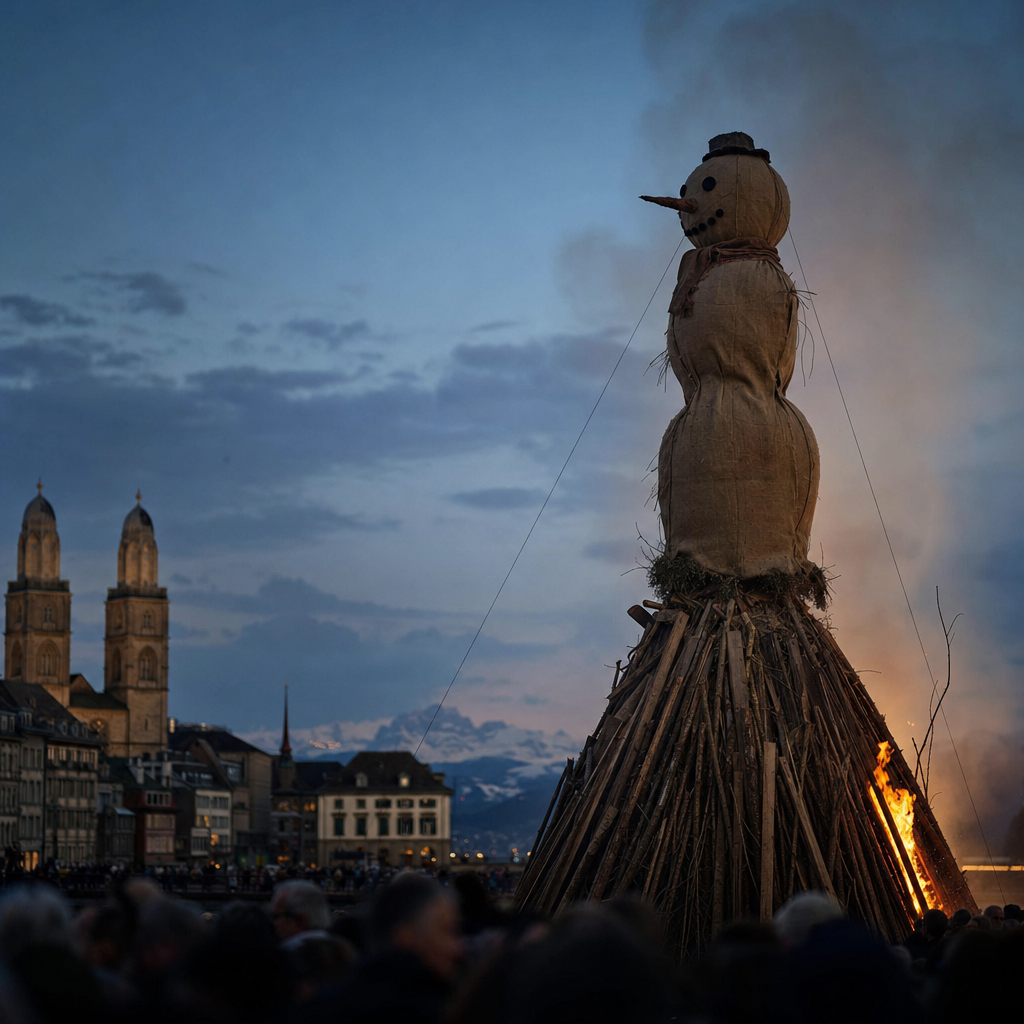 A jute snowman effigy stands on a tall wooden pyre at dusk in Zurich, with the first flames climbing the wood