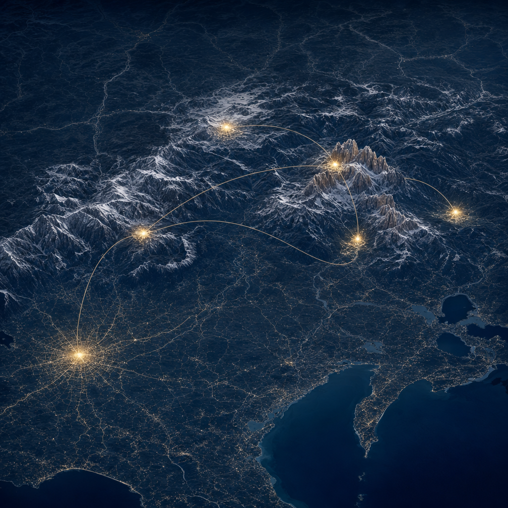 Stylized aerial illustration of the six Olympic clusters across northern Italy, connected by curved lines
