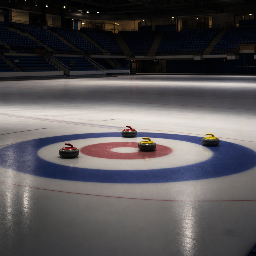 An empty curling sheet with stones near the house, lit by overhead arena lights