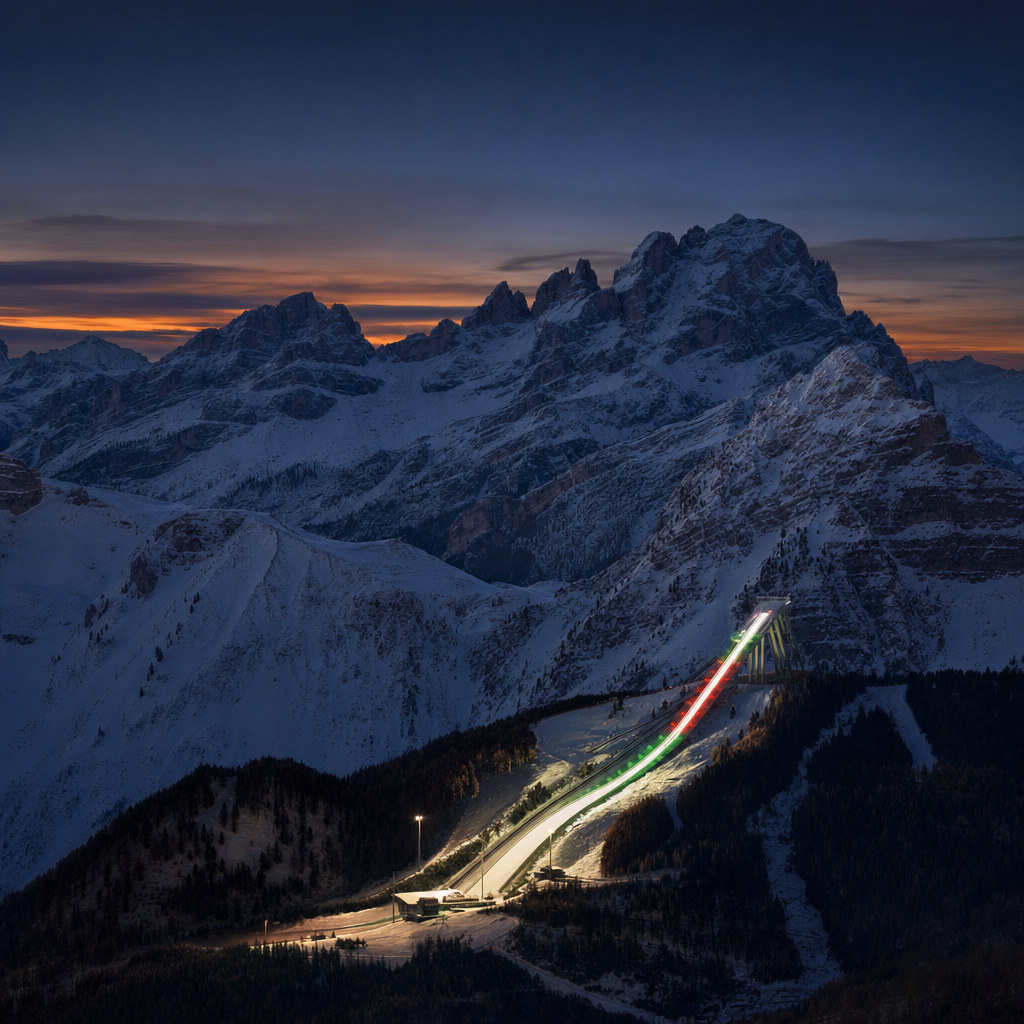 Italian Dolomites at twilight, a single ski jumping ramp glowing in the foreground