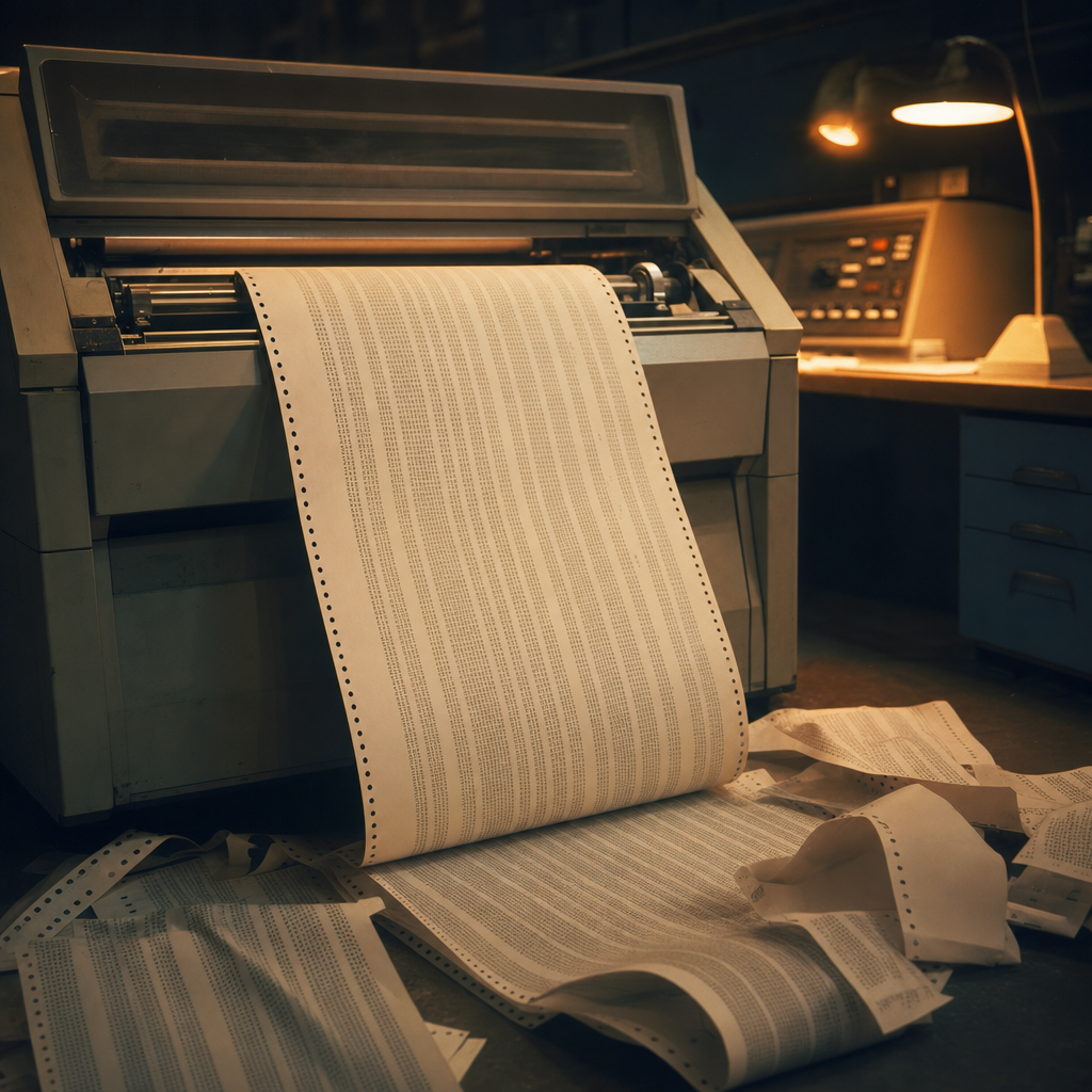 A 1970s mainframe printer extruding a long strip of paper densely covered in computed decimal digits.