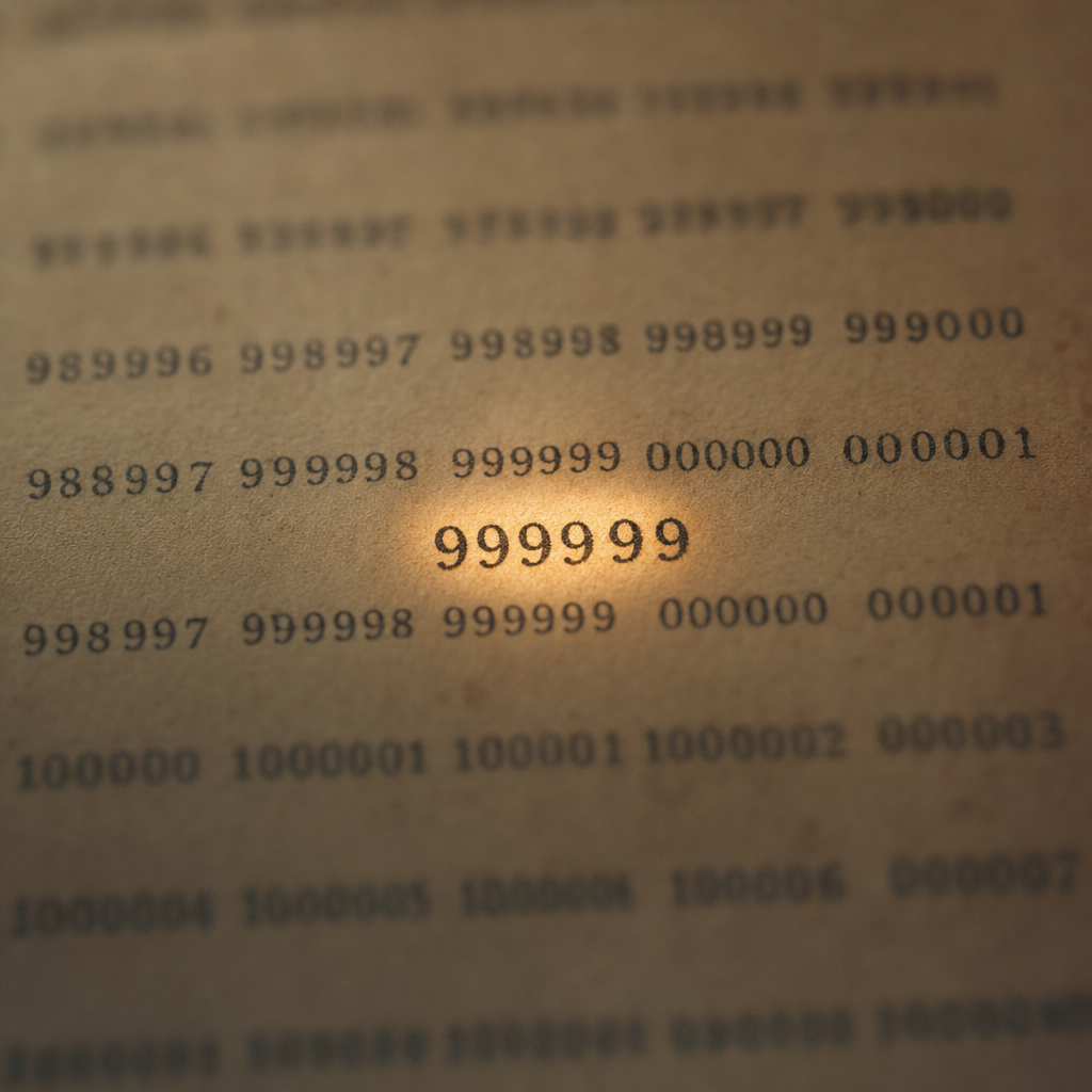 A library page with one row of digits zoomed in showing the sequence 999999 highlighted.