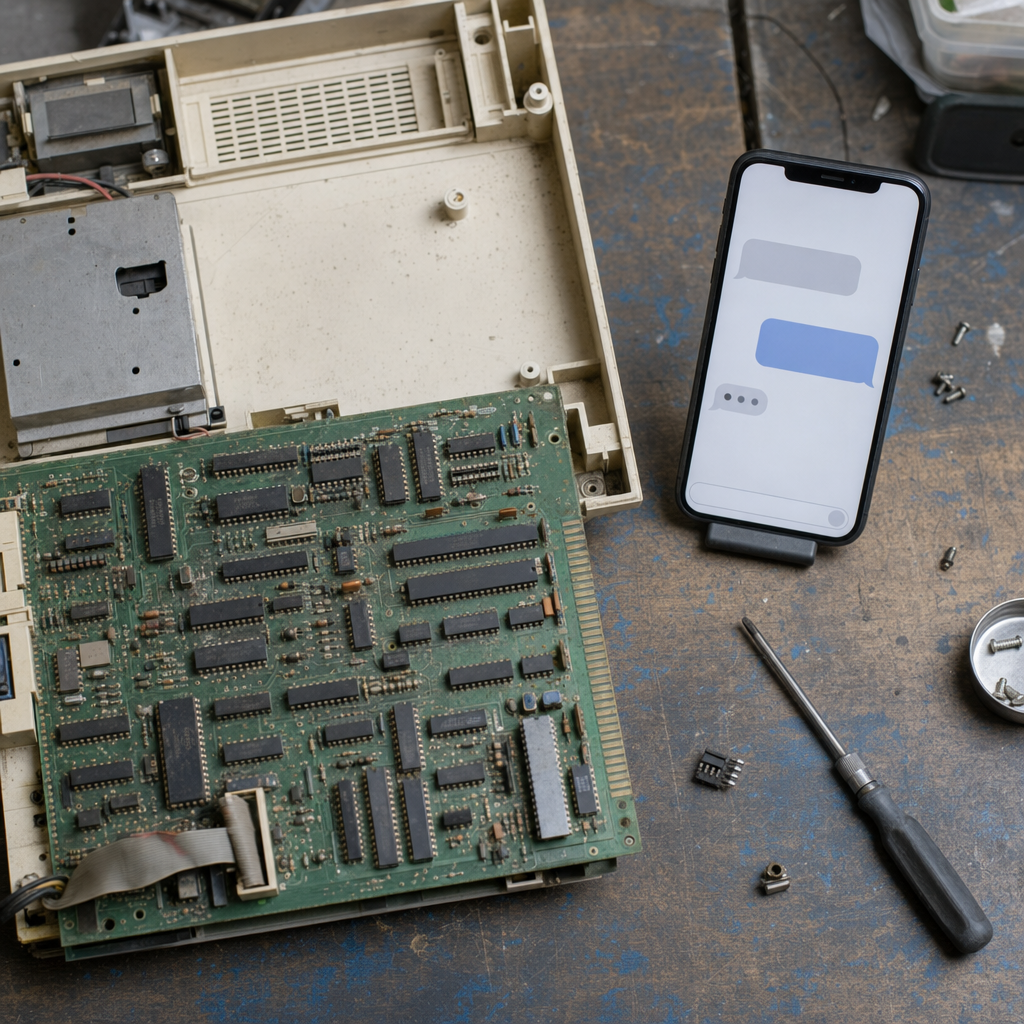 A printed circuit board partially dismantled on a workbench, with a smartphone propped up beside it showing a chat interface bubble.