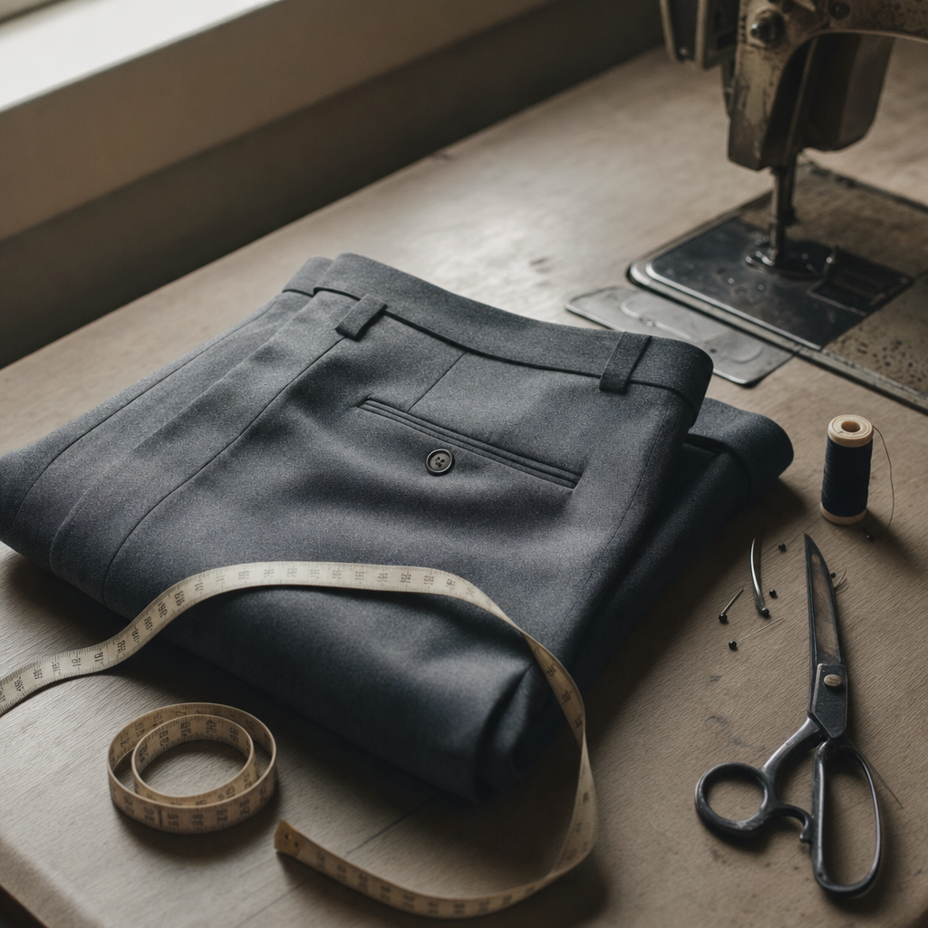 Quiet still life of folded trousers, scissors, pins, a measuring tape and a spool of black thread on a sewing-machine table.