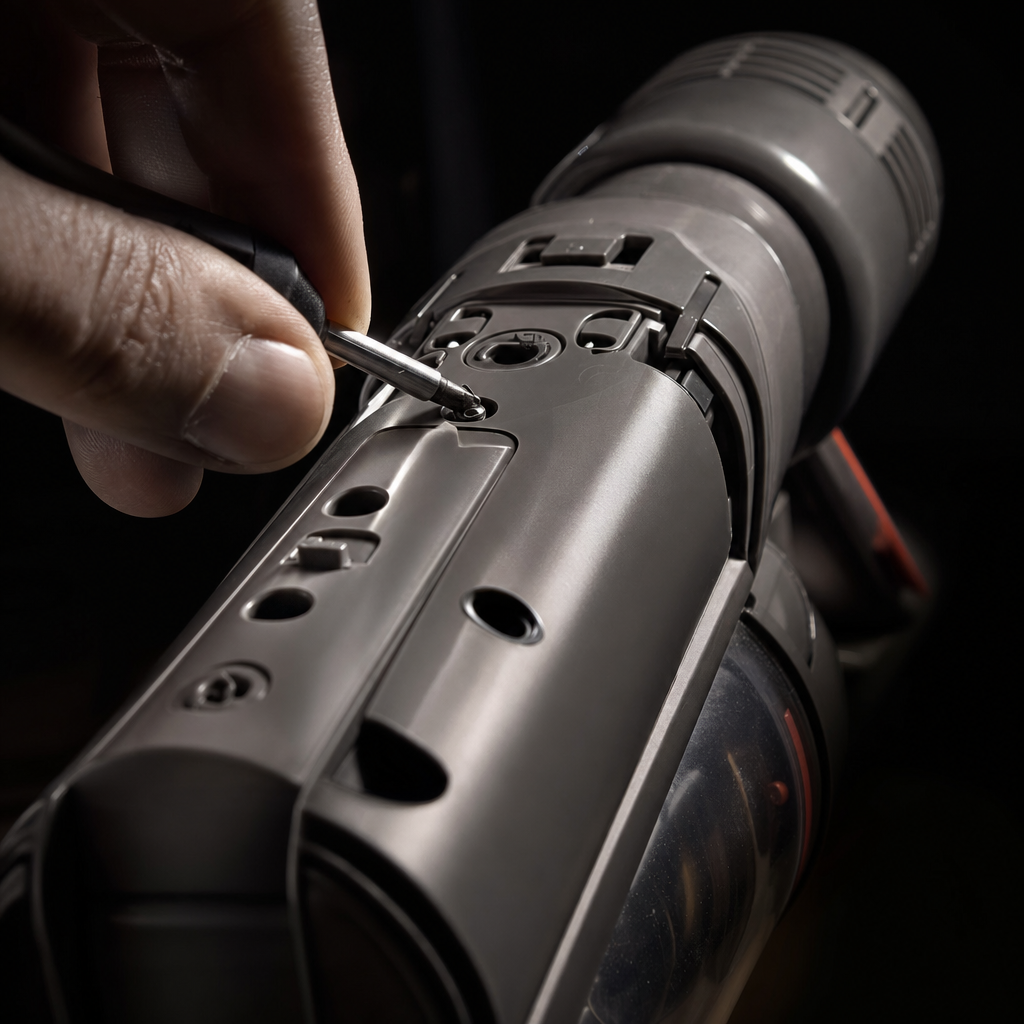 A close-up of a hand attempting to open the back panel of a modern vacuum cleaner with a small screwdriver, plastic snaps and proprietary screws visible.
