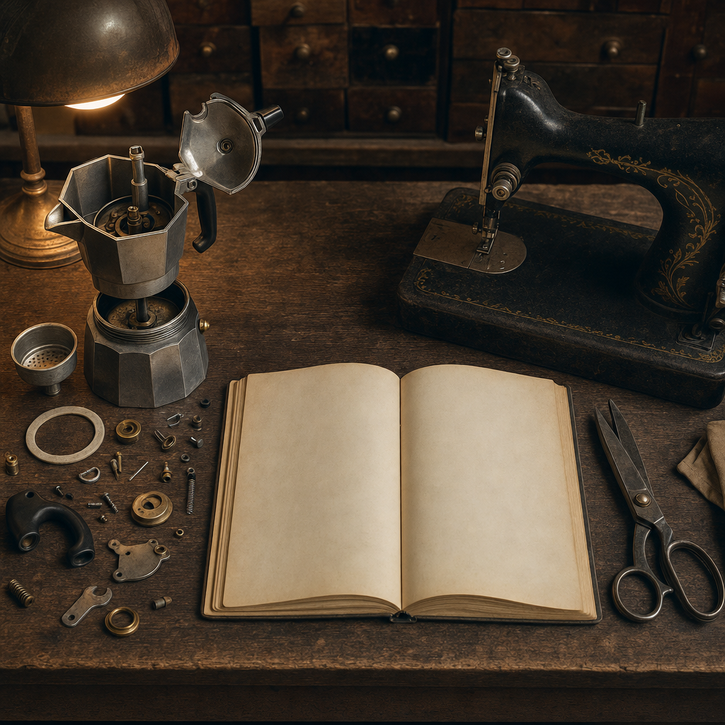 A vintage workbench under warm light, with a half-disassembled coffee maker, an old sewing machine, and an open paper repair manual.